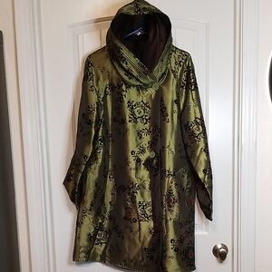 Gorgeous Unique Green and Brown Patterned Hooded Reversible Coat With Pockets